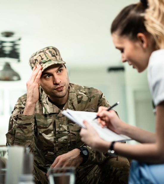 Alt A mortgage lender talking with a soldier in uniform